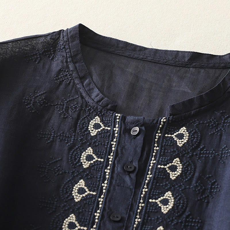 Koszula damska z krótkim rękawem, haftowana symetrycznie z Buddha Stones, z bawełny i lnu - image 3