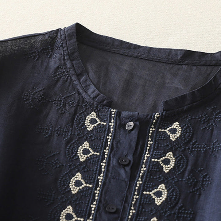 Koszula damska z krótkim rękawem, haftowana symetrycznie z Buddha Stones, z bawełny i lnu - image 3