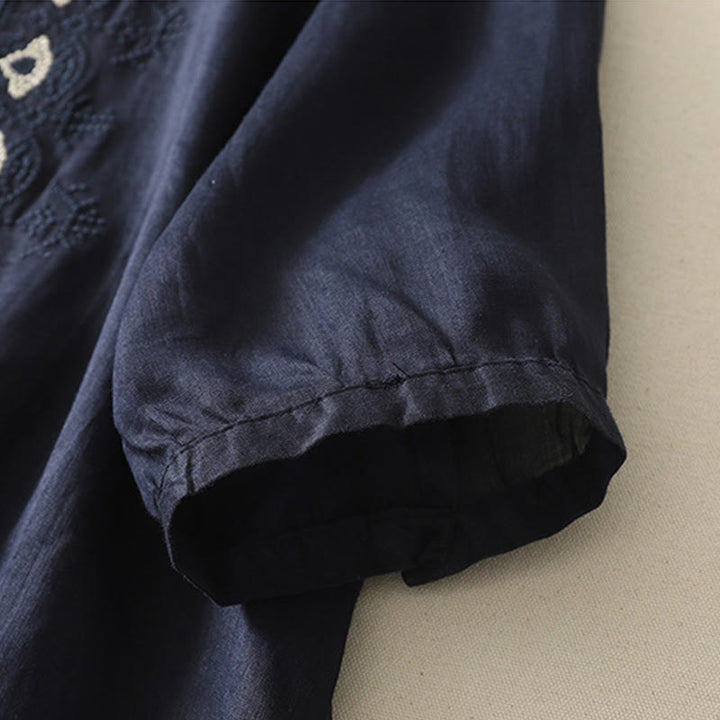 Koszula damska z krótkim rękawem, haftowana symetrycznie z Buddha Stones, z bawełny i lnu - image 4