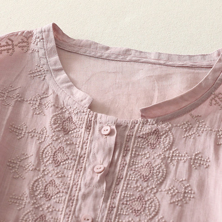 Koszula damska z krótkim rękawem, haftowana symetrycznie z Buddha Stones, z bawełny i lnu - image 12