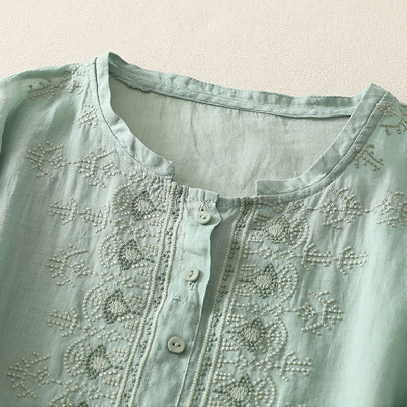 Koszula damska z krótkim rękawem, haftowana symetrycznie z Buddha Stones, z bawełny i lnu - image 15