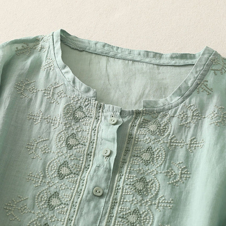 Koszula damska z krótkim rękawem, haftowana symetrycznie z Buddha Stones, z bawełny i lnu - image 15