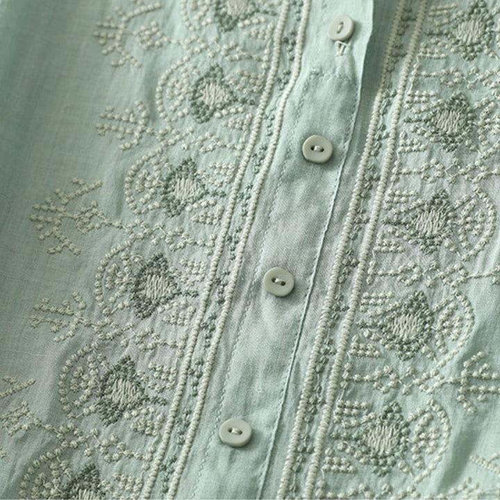 Koszula damska z krótkim rękawem, haftowana symetrycznie z Buddha Stones, z bawełny i lnu - image 17