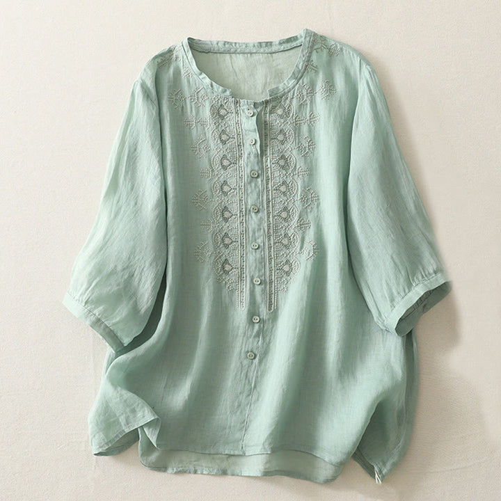 Koszula damska z krótkim rękawem, haftowana symetrycznie z Buddha Stones, z bawełny i lnu - ŚredniaAkwamaryna - US8-10，UK/AU12-14，EU40-42 (2XL) - image 13