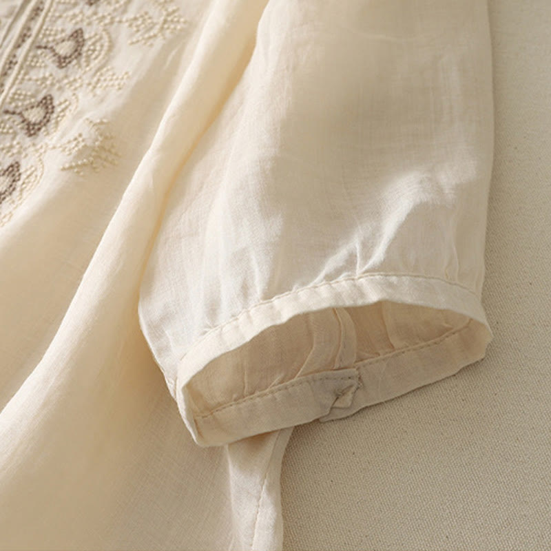 Koszula damska z krótkim rękawem, haftowana symetrycznie z Buddha Stones, z bawełny i lnu - image 24