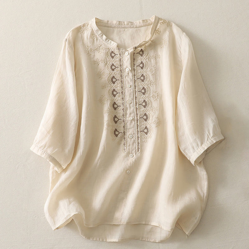 Koszula damska z krótkim rękawem, haftowana symetrycznie z Buddha Stones, z bawełny i lnu - Jasnozłoty - US8-10，UK/AU12-14，EU40-42 (2XL) - image 18