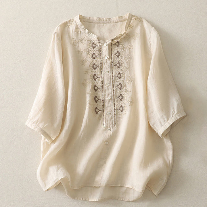 Koszula damska z krótkim rękawem, haftowana symetrycznie z Buddha Stones, z bawełny i lnu - Jasnozłoty - US8-10，UK/AU12-14，EU40-42 (2XL) - image 18