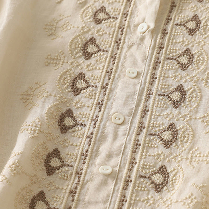 Koszula damska z krótkim rękawem, haftowana symetrycznie z Buddha Stones, z bawełny i lnu - image 25