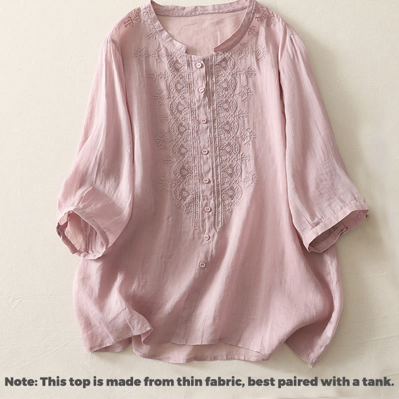 Koszula damska z krótkim rękawem, haftowana symetrycznie z Buddha Stones, z bawełny i lnu - image 8