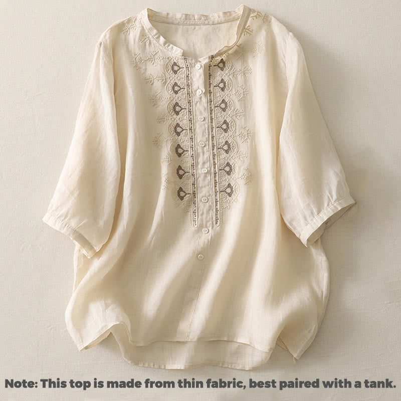 Koszula damska z krótkim rękawem, haftowana symetrycznie z Buddha Stones, z bawełny i lnu - image 19