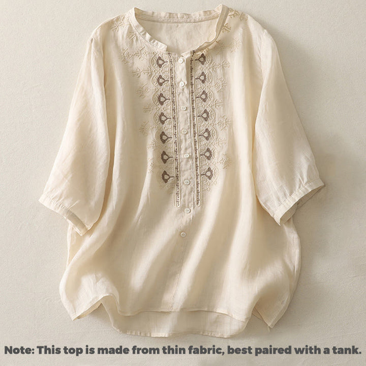 Koszula damska z krótkim rękawem, haftowana symetrycznie z Buddha Stones, z bawełny i lnu - image 19