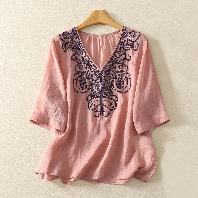 Koszulka damska z krótkim rękawem i haftowanym dekoltem w serek z motywem Buddha Stones - LightCoral - US14, UK/AU18, EU46 (2XL) - image 12