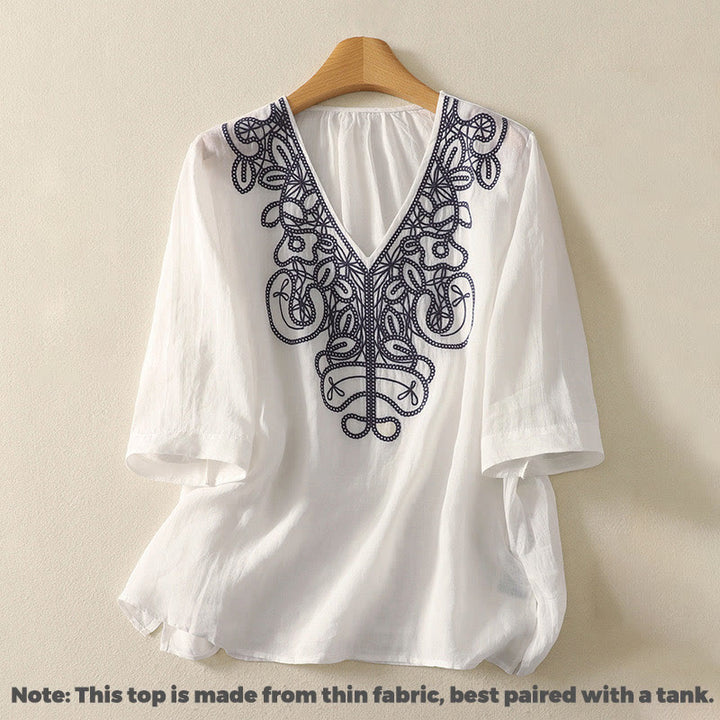 Koszulka damska z krótkim rękawem i haftowanym dekoltem w serek z motywem Buddha Stones - image 20