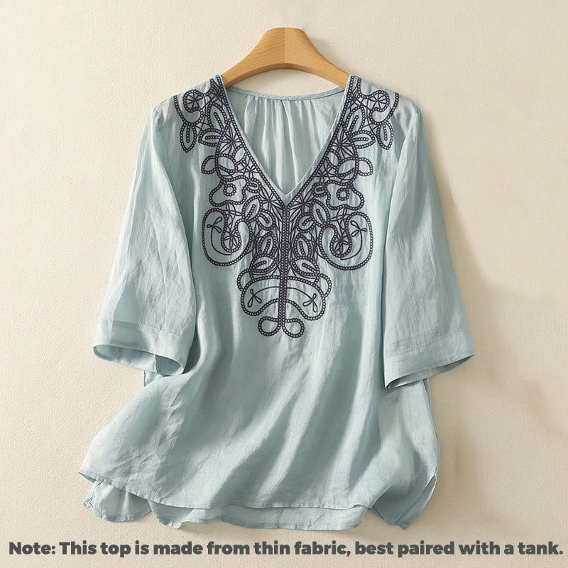 Koszulka damska z krótkim rękawem i haftowanym dekoltem w serek z motywem Buddha Stones - image 8