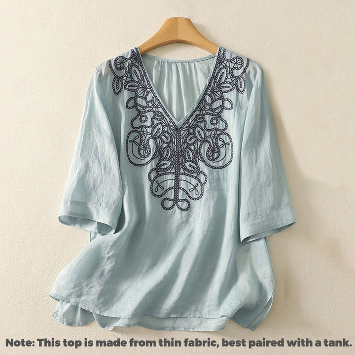 Koszulka damska z krótkim rękawem i haftowanym dekoltem w serek z motywem Buddha Stones - image 8