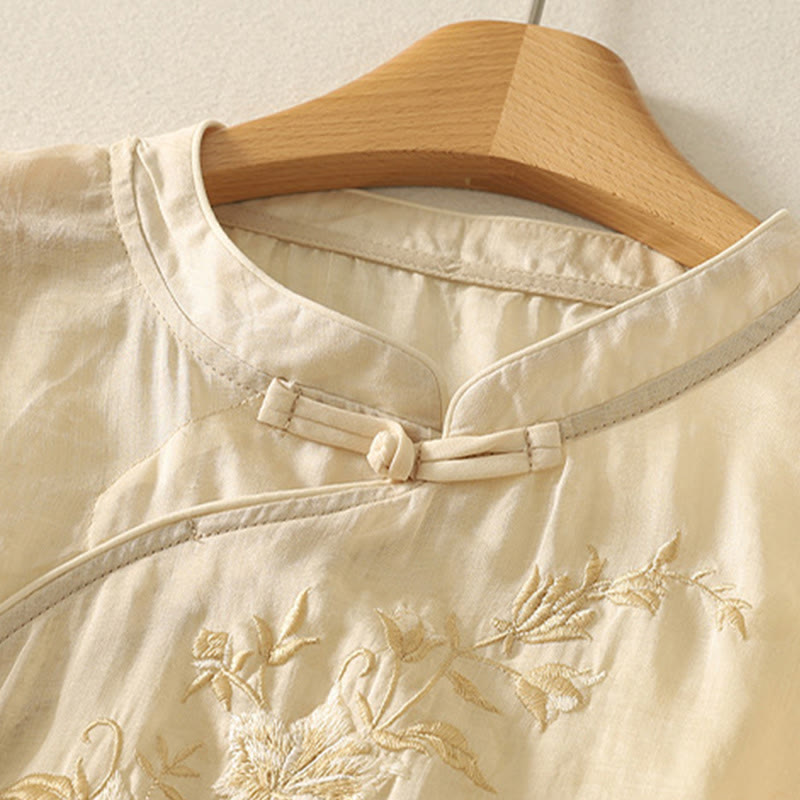 Koszula damska z krótkim rękawem i haftowanymi żabami z Buddha Stones i kołnierzykiem typu stójka z bawełny - image 3