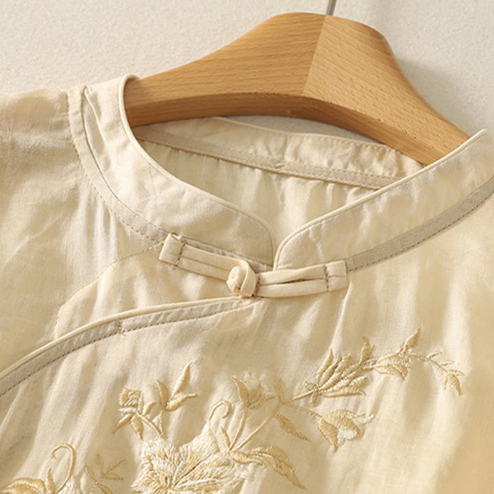 Koszula damska z krótkim rękawem i haftowanymi żabami z Buddha Stones i kołnierzykiem typu stójka z bawełny - image 3