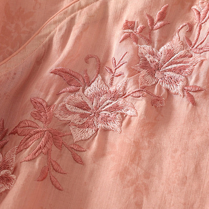 Koszula damska z krótkim rękawem i haftowanymi żabami z Buddha Stones i kołnierzykiem typu stójka z bawełny - image 18