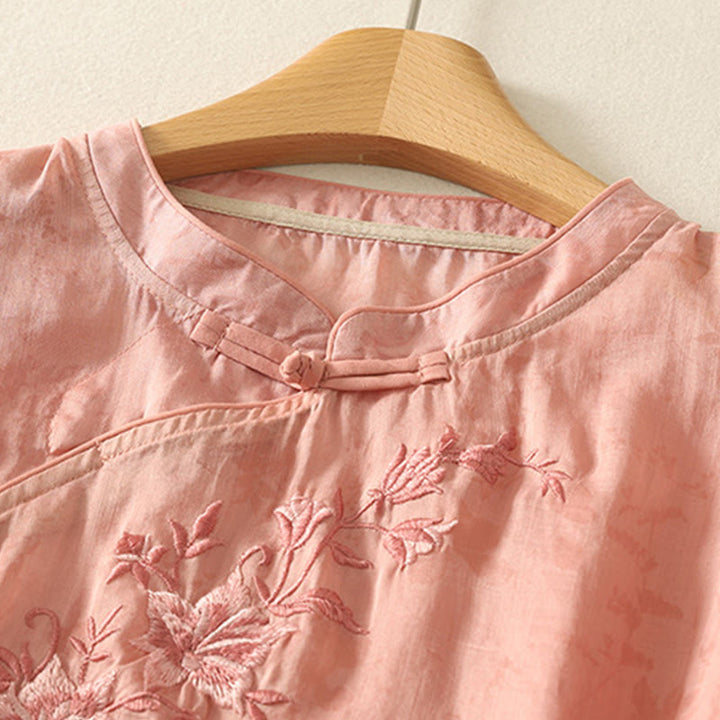 Koszula damska z krótkim rękawem i haftowanymi żabami z Buddha Stones i kołnierzykiem typu stójka z bawełny - image 23