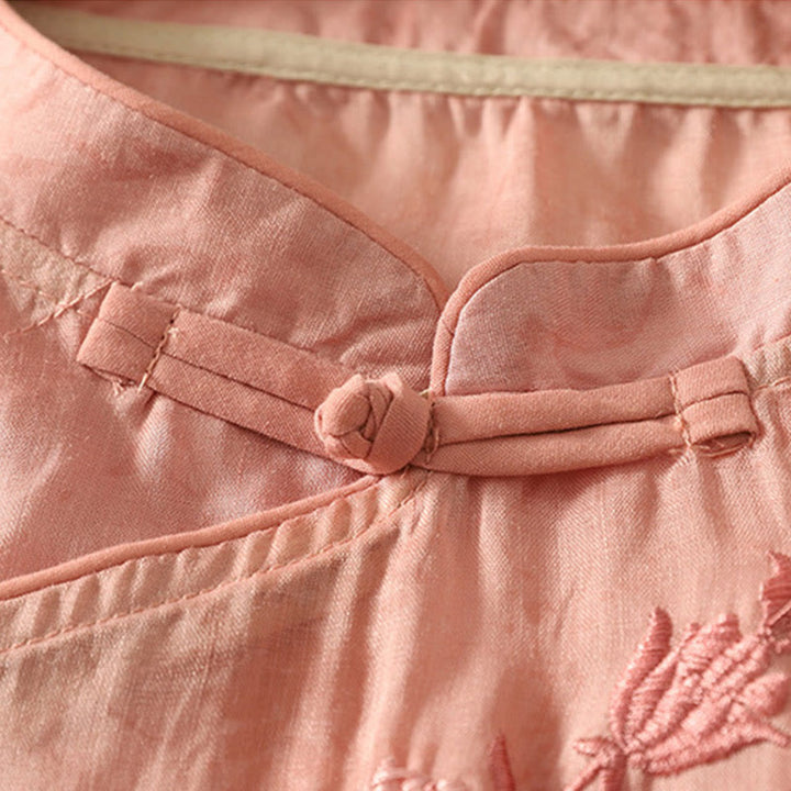 Koszula damska z krótkim rękawem i haftowanymi żabami z Buddha Stones i kołnierzykiem typu stójka z bawełny - image 22