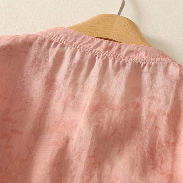 Koszula damska z krótkim rękawem i haftowanymi żabami z Buddha Stones i kołnierzykiem typu stójka z bawełny - image 21