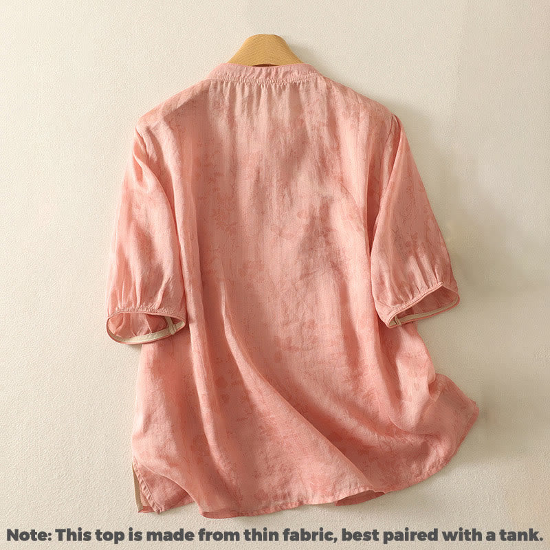 Koszula damska z krótkim rękawem i haftowanymi żabami z Buddha Stones i kołnierzykiem typu stójka z bawełny - image 15