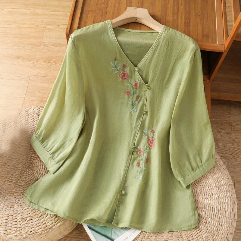 Koszula damska z dekoltem w serek z haftowanymi kwiatami i Buddha Stones - Żółtozielony - US12, UK/AU16, EU44 (2XL) - image 7