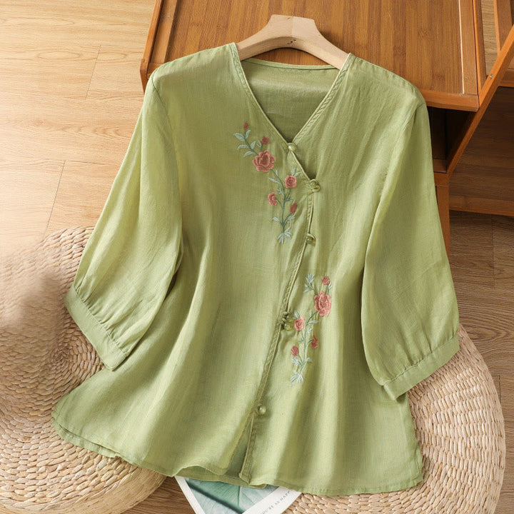 Koszula damska z dekoltem w serek z haftowanymi kwiatami i Buddha Stones - Żółtozielony - US12, UK/AU16, EU44 (2XL) - image 7