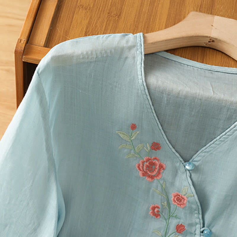 Koszula damska z dekoltem w serek z haftowanymi kwiatami i Buddha Stones - image 7