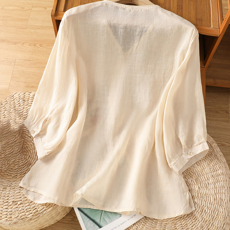 Koszula damska z dekoltem w serek z haftowanymi kwiatami i Buddha Stones - image 3