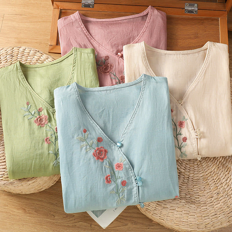 Koszula damska z dekoltem w serek z haftowanymi kwiatami i Buddha Stones - image 19