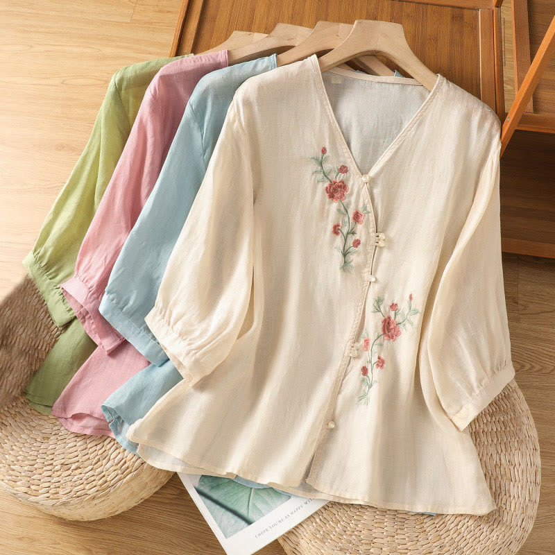 Koszula damska z dekoltem w serek z haftowanymi kwiatami i Buddha Stones - image 20