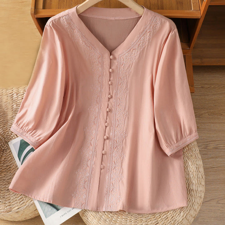 Koszula damska z dekoltem w serek z symetrycznym haftem "Buddha Stones" z bawełny - Różowy - US12, UK/AU16, EU44 (2XL) - image 27