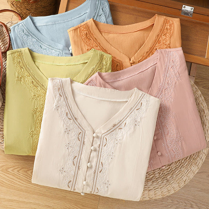 Koszula damska z dekoltem w serek z symetrycznym haftem "Buddha Stones" z bawełny - image 34