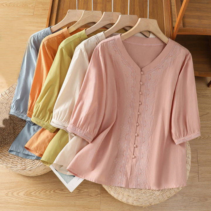 Koszula damska z dekoltem w serek z symetrycznym haftem "Buddha Stones" z bawełny - image 33