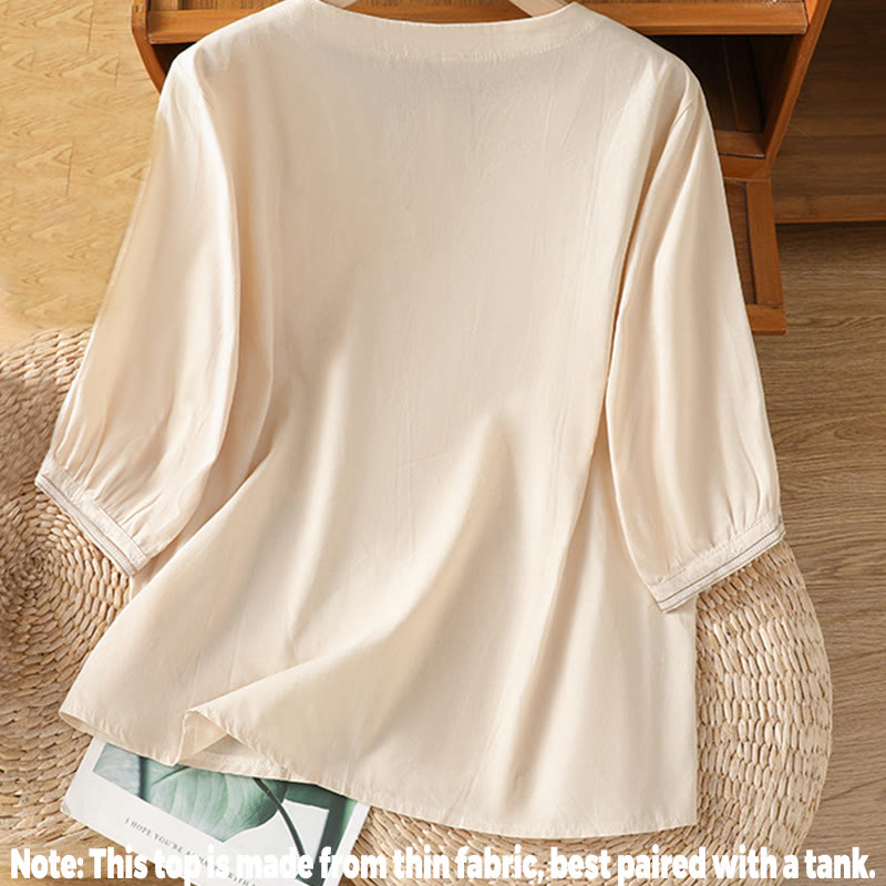 Koszula damska z dekoltem w serek z symetrycznym haftem "Buddha Stones" z bawełny - image 2