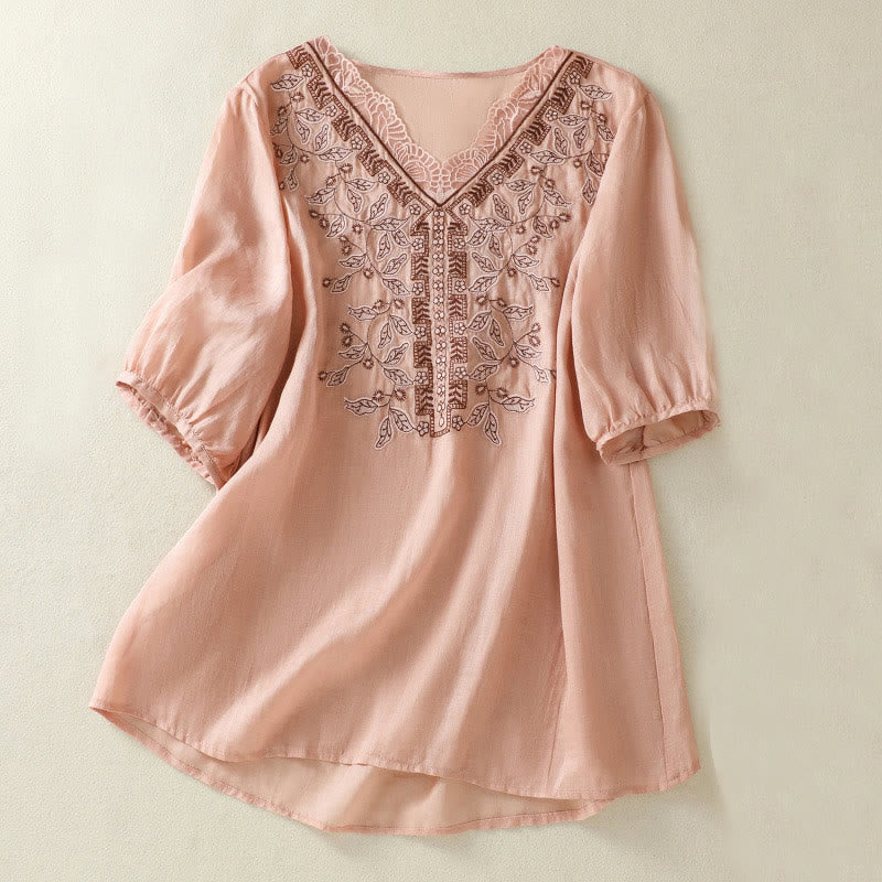 Koszulka damska z krótkim rękawem i haftowaną koronką z motywem Buddha Stones - Różowy - US8-10，UK/AU12-14，EU40-42 (2XL) - image 20