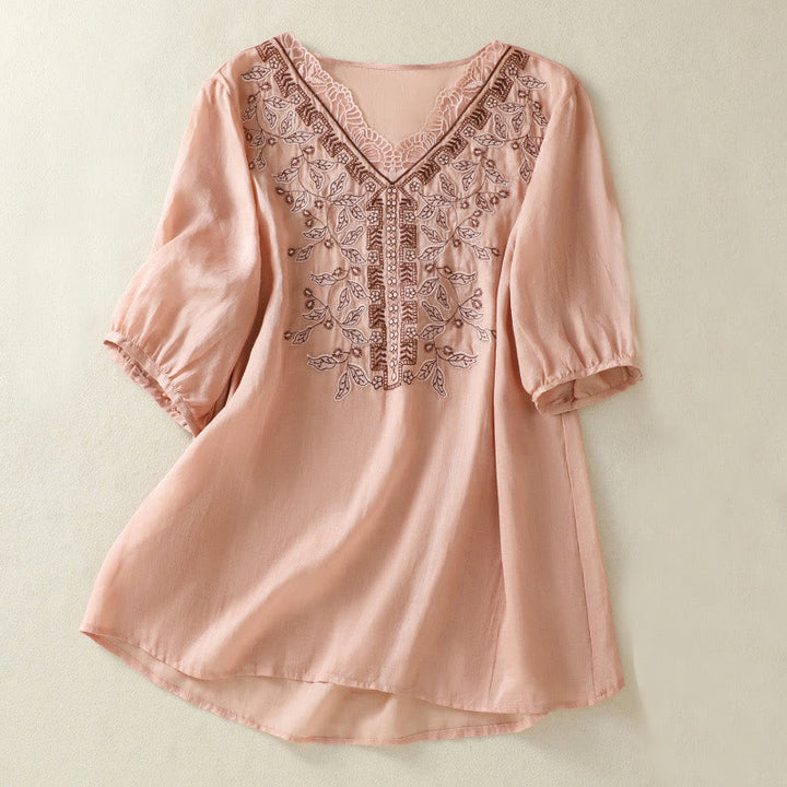 Koszulka damska z krótkim rękawem i haftowaną koronką z motywem Buddha Stones - Różowy - US8-10，UK/AU12-14，EU40-42 (2XL) - image 20