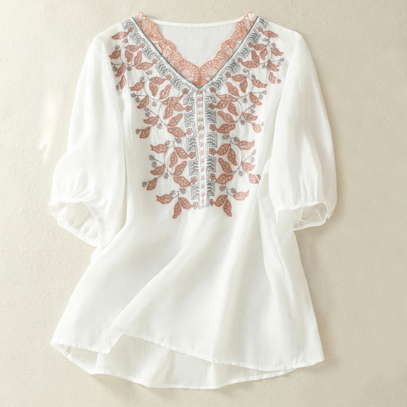 Koszulka damska z krótkim rękawem i haftowaną koronką z motywem Buddha Stones - Biały - US8-10，UK/AU12-14，EU40-42 (2XL) - image 30