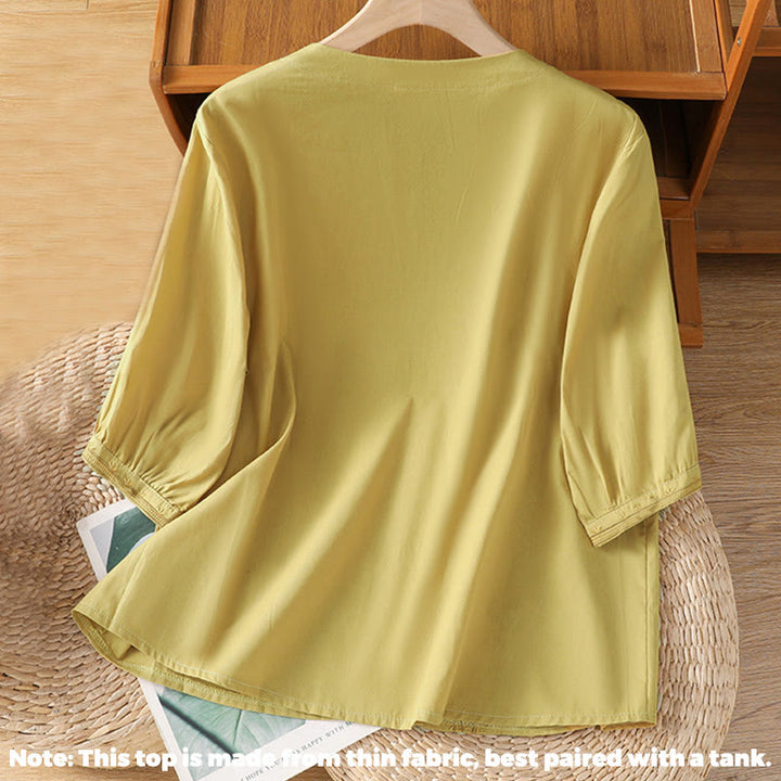 Koszula damska z dekoltem w serek z symetrycznym haftem "Buddha Stones" z bawełny - image 15