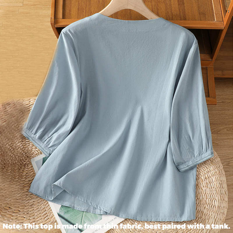 Koszula damska z dekoltem w serek z symetrycznym haftem "Buddha Stones" z bawełny - image 7