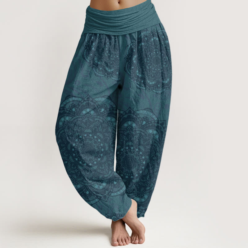 Damskie spodnie haremowe z elastyczną talią i mandalami w kolorze kamieni Buddha Stones z czystej bawełny w wzór paisley - Ciemnocyjanowy - US22, UK/AU26, EU54 (6XL) - image 0