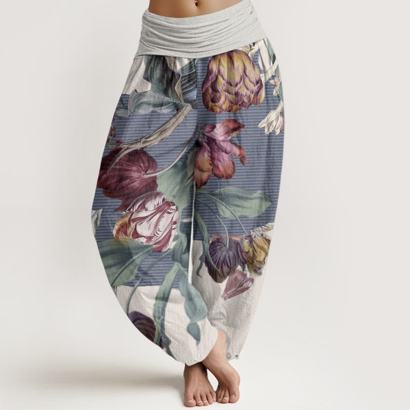 Damskie spodnie haremowe z elastyczną talią, z motywem tulipanów i zielonych liści, z kamieniami Buddha Stones - Beżowy - US22, UK/AU26, EU54 (6XL) - image 6