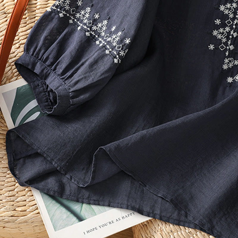 Koszula damska z okrągłym dekoltem i symetrycznym haftem z motywem Buddha Stones z bawełny - image 6