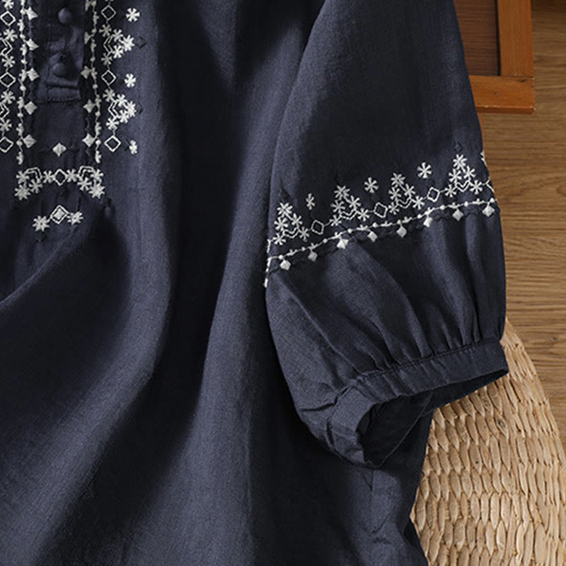 Koszula damska z okrągłym dekoltem i symetrycznym haftem z motywem Buddha Stones z bawełny - image 3