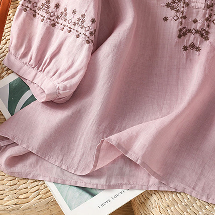 Koszula damska z okrągłym dekoltem i symetrycznym haftem z motywem Buddha Stones z bawełny - image 11