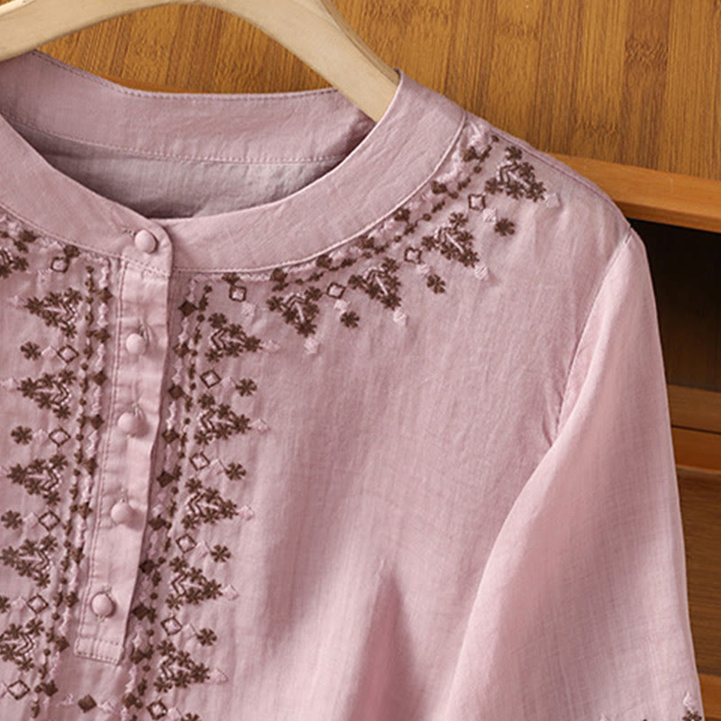 Koszula damska z okrągłym dekoltem i symetrycznym haftem z motywem Buddha Stones z bawełny - image 15