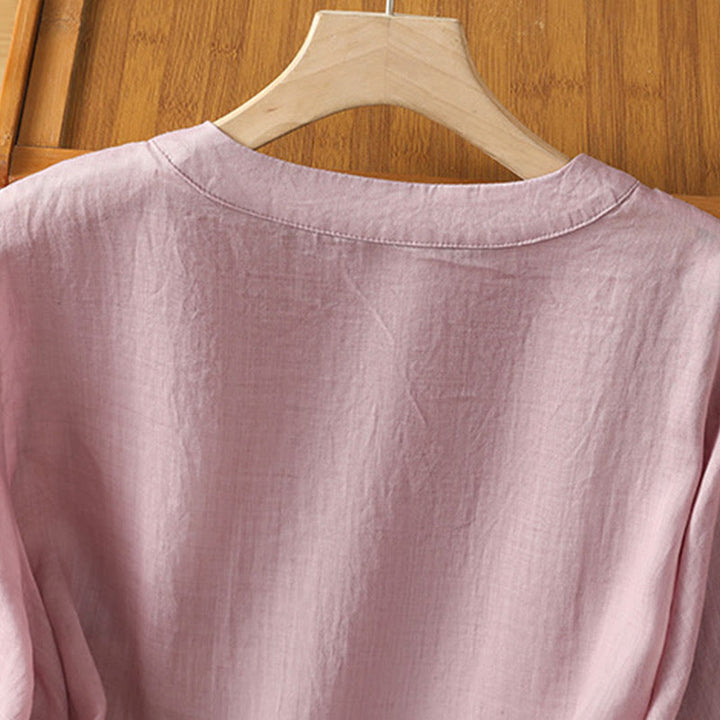 Koszula damska z okrągłym dekoltem i symetrycznym haftem z motywem Buddha Stones z bawełny - image 13