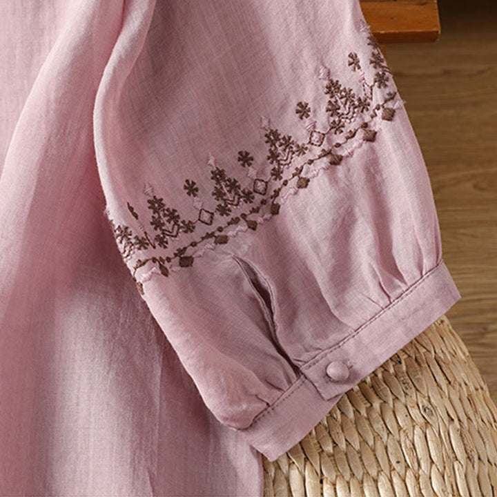 Koszula damska z okrągłym dekoltem i symetrycznym haftem z motywem Buddha Stones z bawełny - image 12