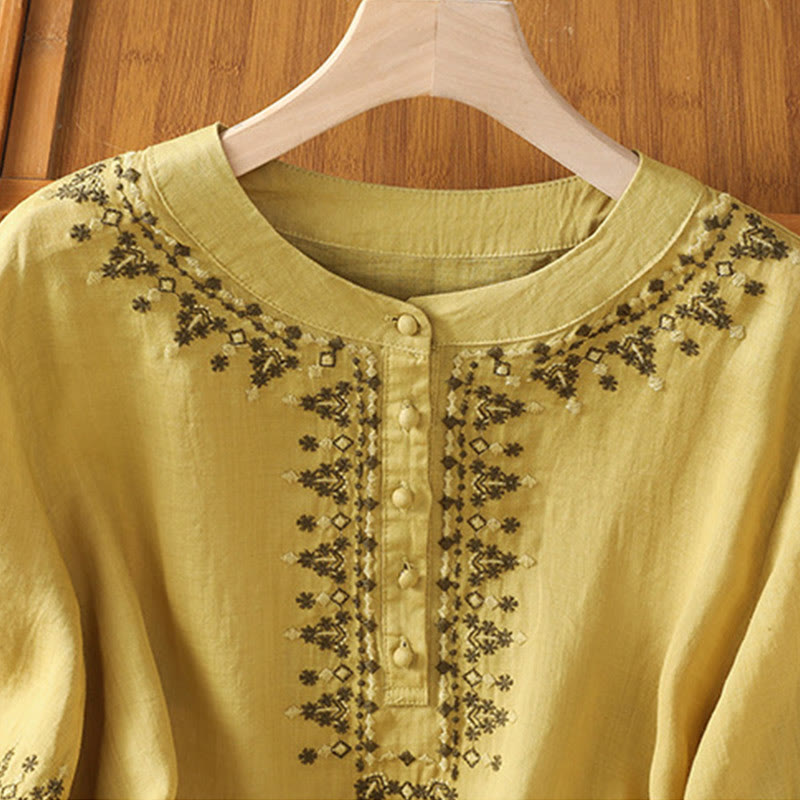 Koszula damska z okrągłym dekoltem i symetrycznym haftem z motywem Buddha Stones z bawełny - image 20